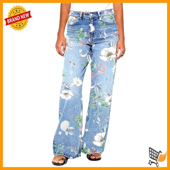 Floral Embroidery High Waist Straight Leg Jeans Vintage Boho Chic Denim Pants
